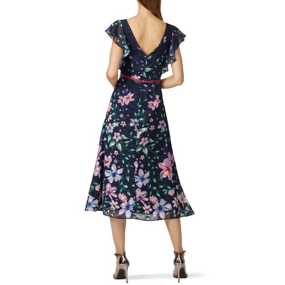 Marchesa Notte Blue Floral Chiffon Midi Gown Size 12 Flutter Sleeve Formal - Picture 2 of 15